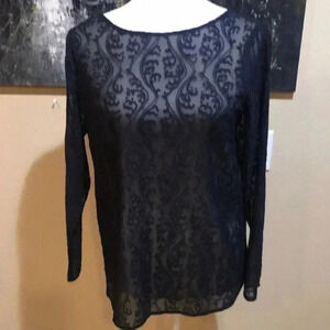 NWT Ann Taylor LOFT Navy Blue Floral Jacquard Sheer Long Sleeved Top-MP